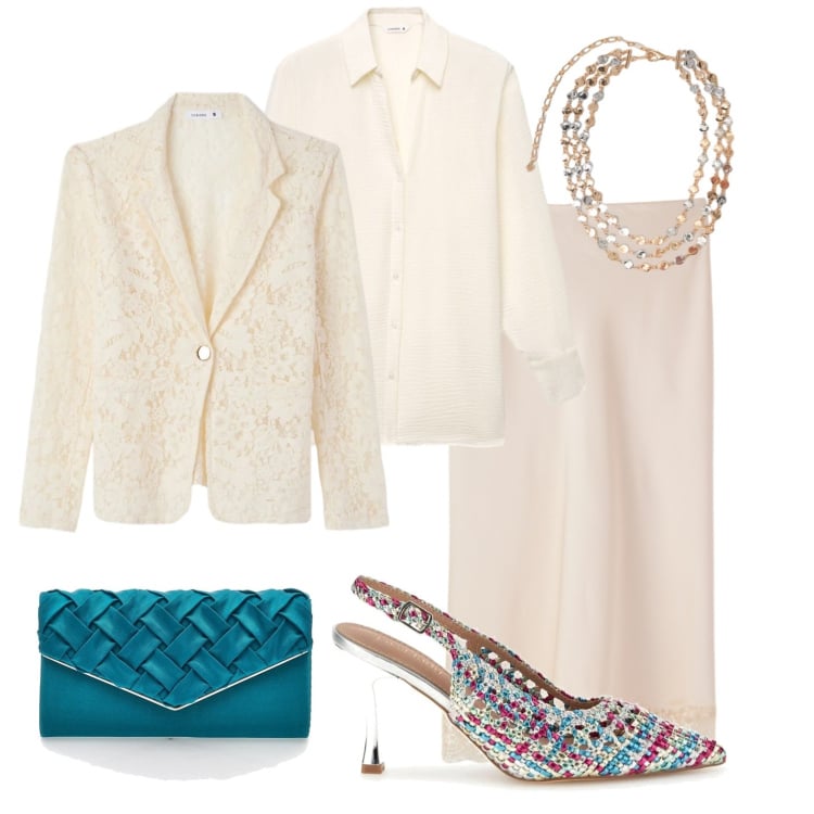 Outfit donna - Festa per un anniversario. Stile Bon Ton per Cerimonia. Abbinamento con blazer, gonne longuette, camicie, collane, décolleté, pochette.
