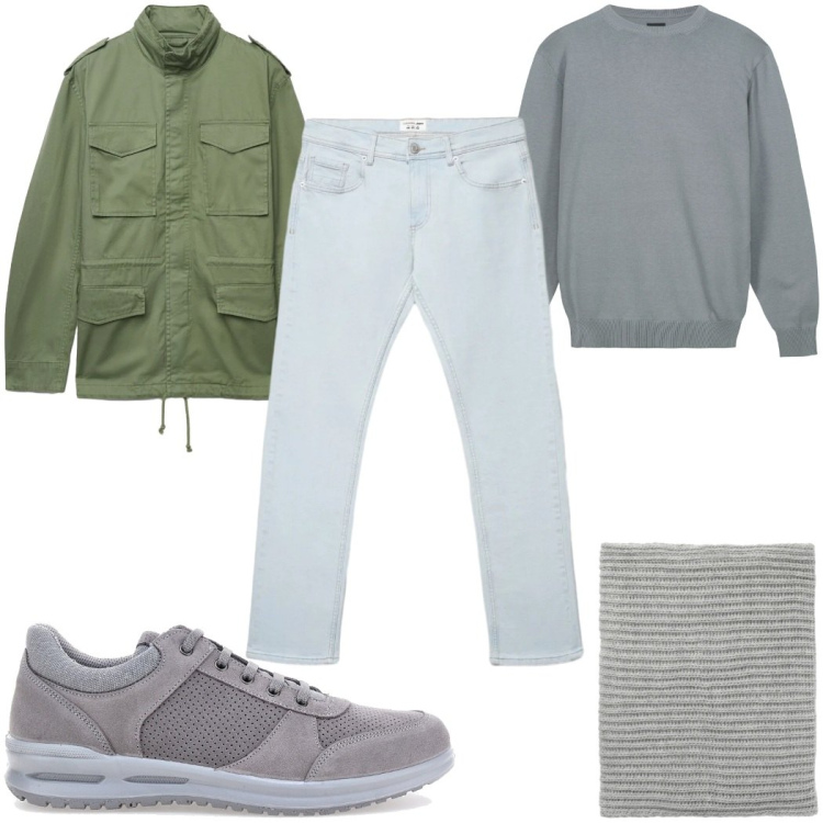 Outfit uomo - Colori chiari primaverili: grigio e verd. Stile Casual per Tutti i giorni. Abbinamento con maglieria, scaldacollo, cappotti, jeans, sneakers.