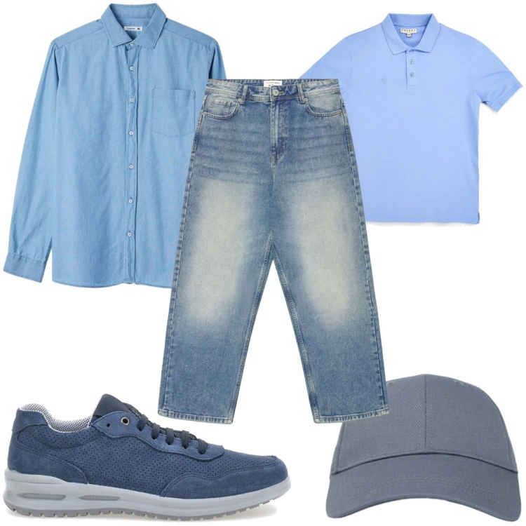 Outfit uomo - Colori chiari primaverili : celeste. Stile Casual per Tutti i giorni. Abbinamento con sneakers, cappelli con visiera, jeans dritti, polo, camicie.
