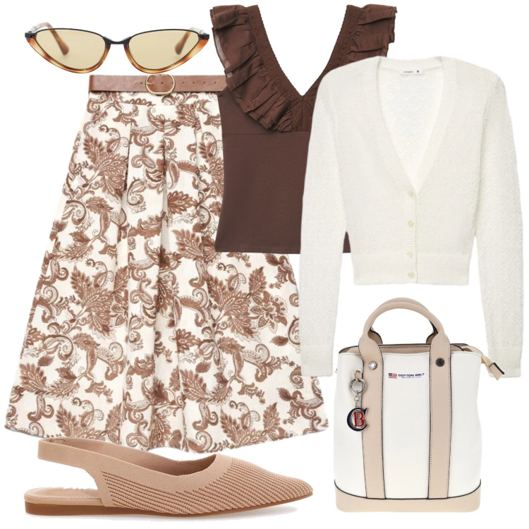 Outfit donna - Gonna a ruota. Stile Bon Ton per Tutti i giorni. Abbinamento con cardigans, gonne lunghe, top, occhiali da sole, ballerine, zaini.