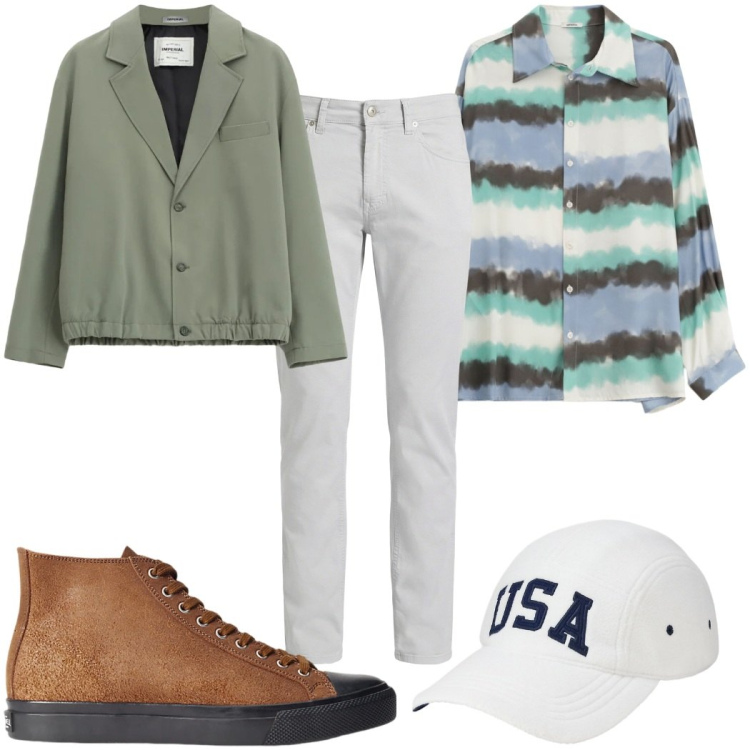 Outfit uomo - Look da pranzo all’aperto: Pasquetta. Stile Trendy per Tutti i giorni. Abbinamento con pantaloni, camicie, giacche, sneakers, cappelli con visiera.