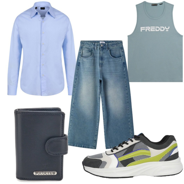 Outfit uomo - Look da pranzo all’aperto : in jeans. Stile Casual per Tutti i giorni. Abbinamento con canottiere, portafogli, camicie, sneakers, jeans.