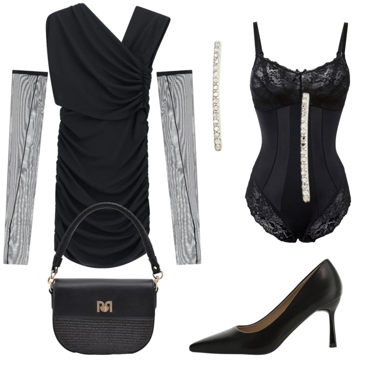 Outfit donna - Serata. Stile Sexy per Serata fuori. Abbinamento con body, décolleté, vestiti asimmetrici, borse a spalla, orecchini.