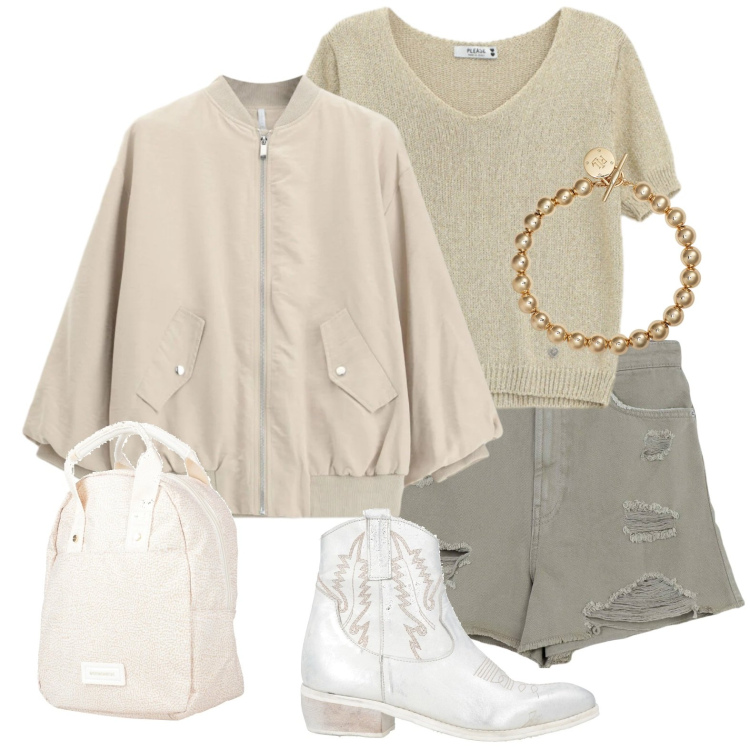 Outfit donna - Gita con amici. Stile Military per Tutti i giorni. Abbinamento con zaini, stivaletti texani, shorts, maglieria, bomber, braccialetti.