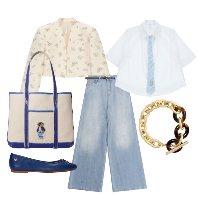 Outfit donna - Aprile. Stile Casual chic per Tutti i giorni. Abbinamento con jeans, blazer, camicie a manica corta, ballerine, borse tote, braccialetti.