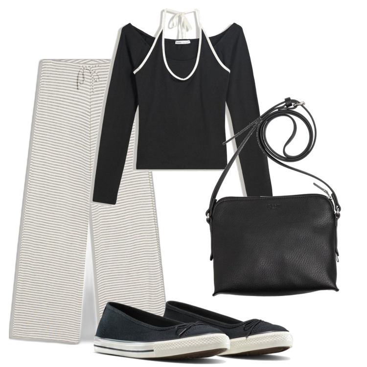 Outfit mujer - Casual look. Estilo Casual para Todos los días. Combinación con bolsos saco, bailarinas, camiseta, pantalones.