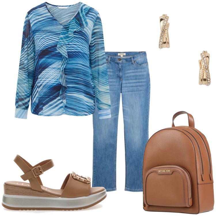 Outfit donna - Arriva il caldo. Stile Casual per Tutti i giorni. Abbinamento con zaini, jeans dritti, bluse, orecchini, sandali.