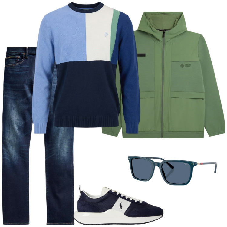 Outfit uomo - Gita fuori porta. Stile Casual per Tutti i giorni. Abbinamento con maglieria, felpe con cappuccio, jeans, occhiali da sole, sneakers.