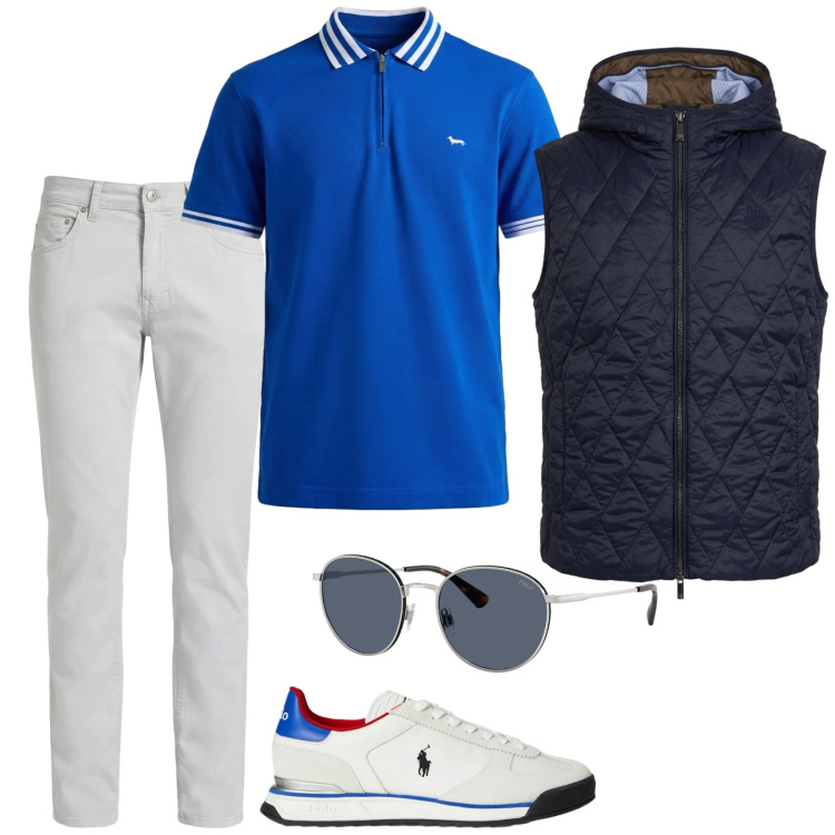 Outfit uomo - In riva al lago. Stile Casual per Tutti i giorni. Abbinamento con pantaloni, polo, piumini, occhiali da sole, sneakers.