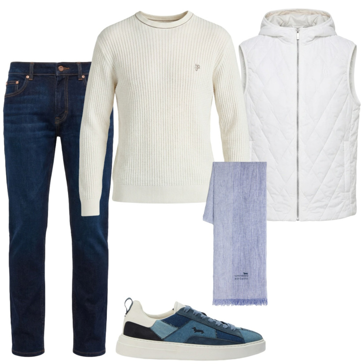 Outfit uomo - Total look #2377183. Stile Casual per Tutti i giorni. Abbinamento con sciarpe, jeans, piumini, maglieria, sneakers.