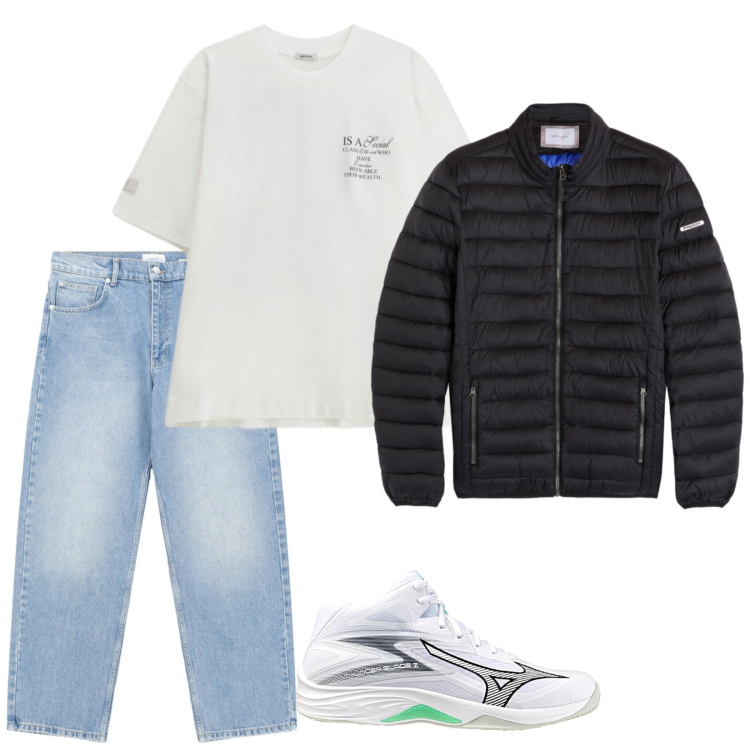 Outfit uomo - Oversize. Stile Urban per Tutti i giorni. Abbinamento con t-shirt, jeans, piumini, sneakers alte.
