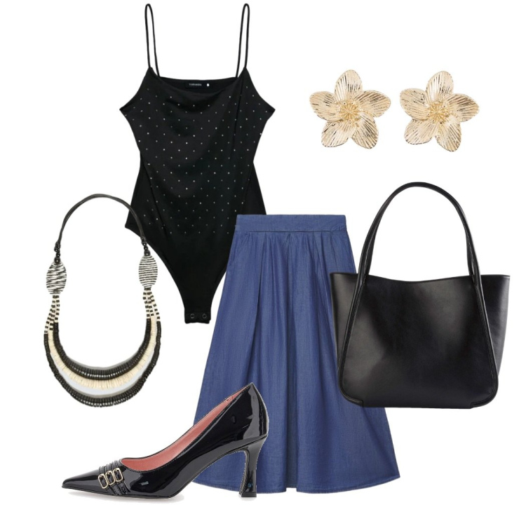 Outfit donna - Shopping e Co. Stile Basic per Tutti i giorni. Abbinamento con shopping bag, orecchini, gonne lunghe, top, collane, décolleté.