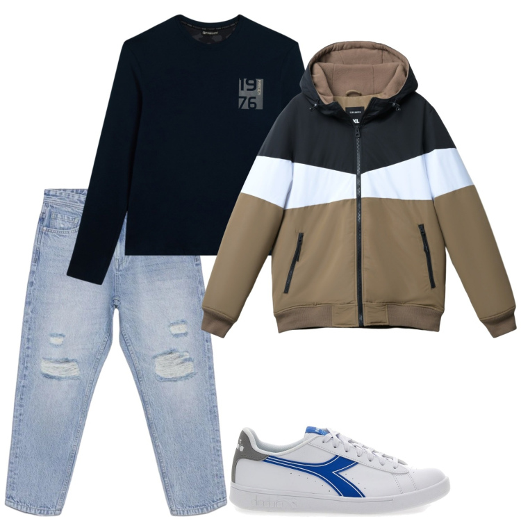 Outfit uomo - 1976. Stile Casual per Tutti i giorni. Abbinamento con piumini, jeans strappati, t-shirt, sneakers.