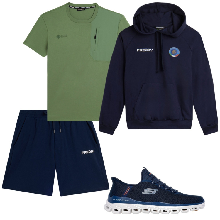 Outfit uomo - Quasi tutto Freddy. Stile Casual per Sport. Abbinamento con t-shirt, pantaloni corti, felpe con cappuccio, sneakers.