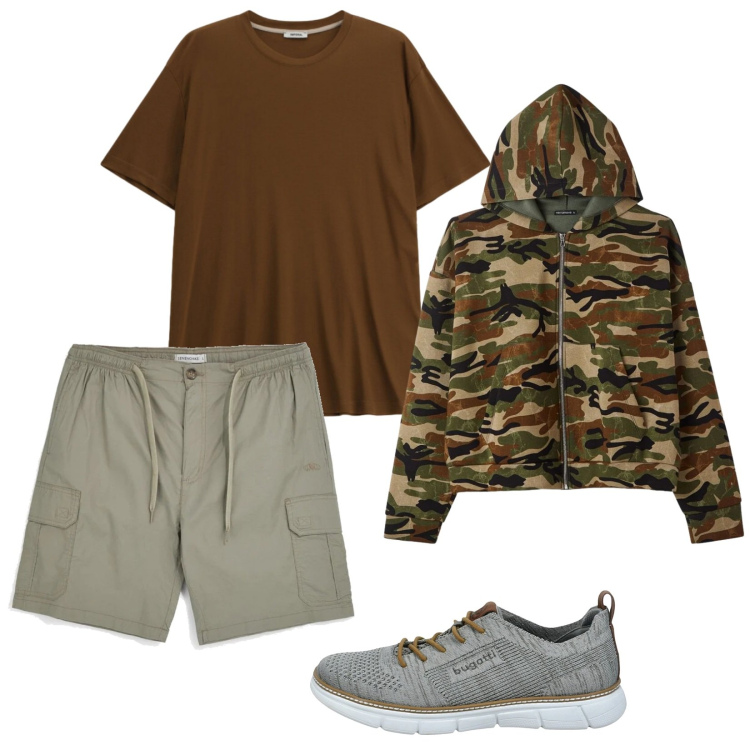 Outfit uomo - Pasquetta in libertà. Stile Casual per Tutti i giorni. Abbinamento con felpe con cappuccio, t-shirt, shorts, sneakers.