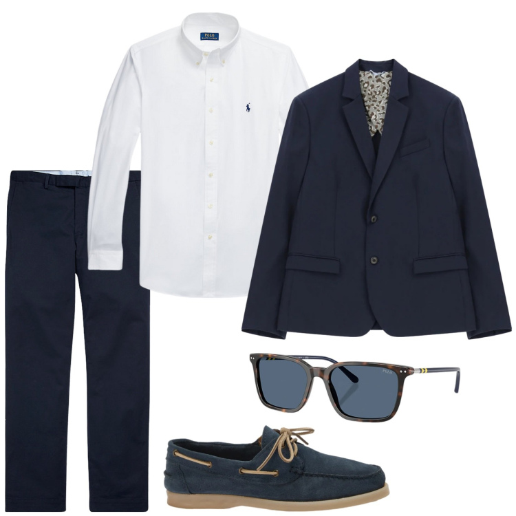 Outfit uomo - Super classico. Stile Business/Elegante per Serata speciale. Abbinamento con scarpe stringate, giacche, pantaloni chino, camicie, occhiali da sole.