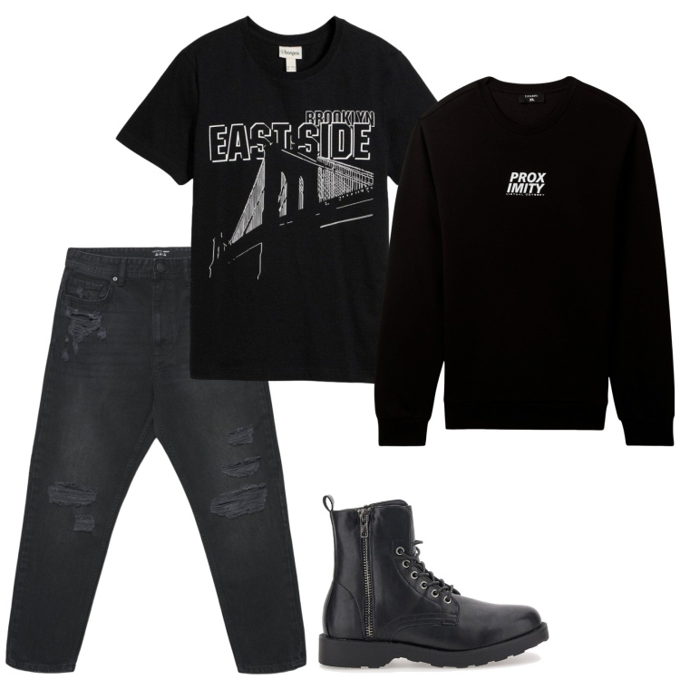 Outfit uomo - Tendenze Rock. Stile Biker Rock per Tutti i giorni. Abbinamento con t-shirt, felpe, anfibi, jeans strappati.
