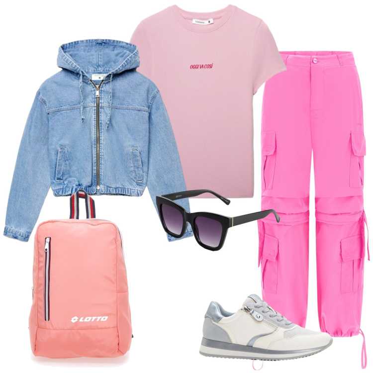 Outfit donna - Il rosa sportivo. Stile Casual per Tutti i giorni. Abbinamento con sneakers, occhiali da sole, bomber, t-shirt, pantaloni cargo, borse sportive.