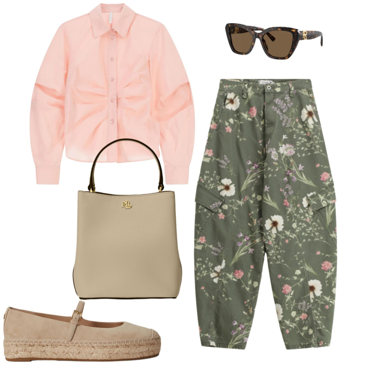 Outfit donna - Aprile. Stile Casual per Tutti i giorni. Abbinamento con pantaloni cargo, camicie, espadrillas, occhiali da sole, borse a secchiello.