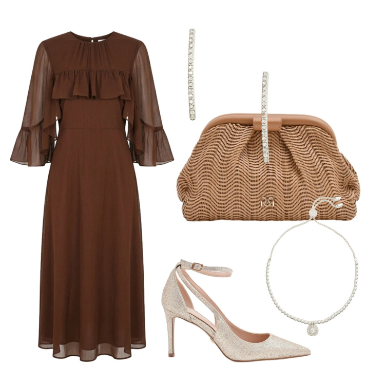 Outfit donna - Essenxiale. Stile Glamour per Cerimonia. Abbinamento con décolleté, vestiti midi/longuette, pochette, braccialetti, orecchini.