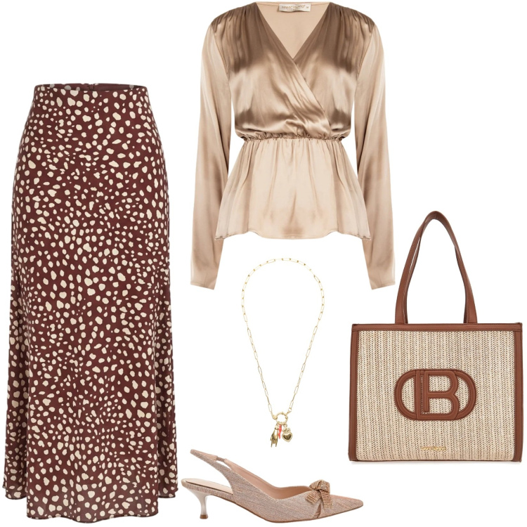 Outfit donna - Occasioni speciali. Stile Trendy per Tutti i giorni. Abbinamento con ciondoli, bluse, gonne lunghe, décolleté, borse a spalla.