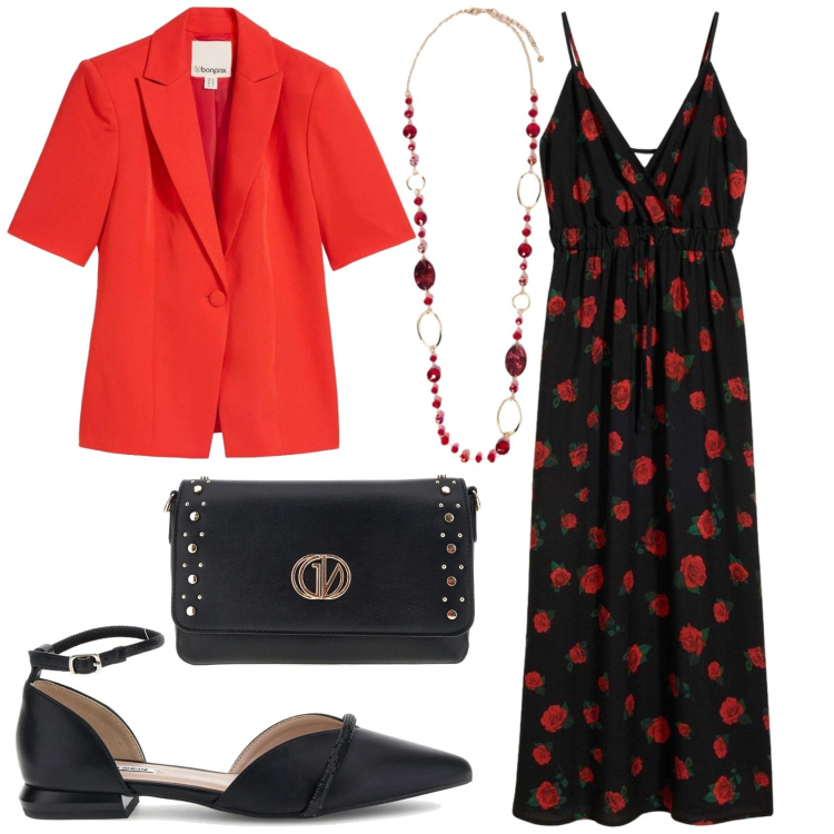 Outfit donna - Passione per un tocco di rosso. Stile Casual chic per Serata fuori. Abbinamento con vestiti lunghi, blazer, collane, sandali, borse a tracolla.
