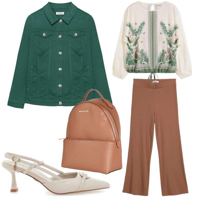 Outfit donna - Verde Bosco e Marrone Terra. Stile Casual per Tutti i giorni. Abbinamento con zaini, leggings, tuniche, blazer, décolleté.