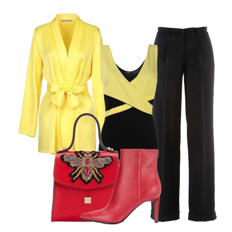 Outfit donna - Il tronchetto rosso. Stile Chic per Ufficio. Abbinamento con pantaloni, top fantasia scollatura profonda crêpe, giacca in raso, tronchetti con tacco spillo e zip, borsa a tracolla mini.