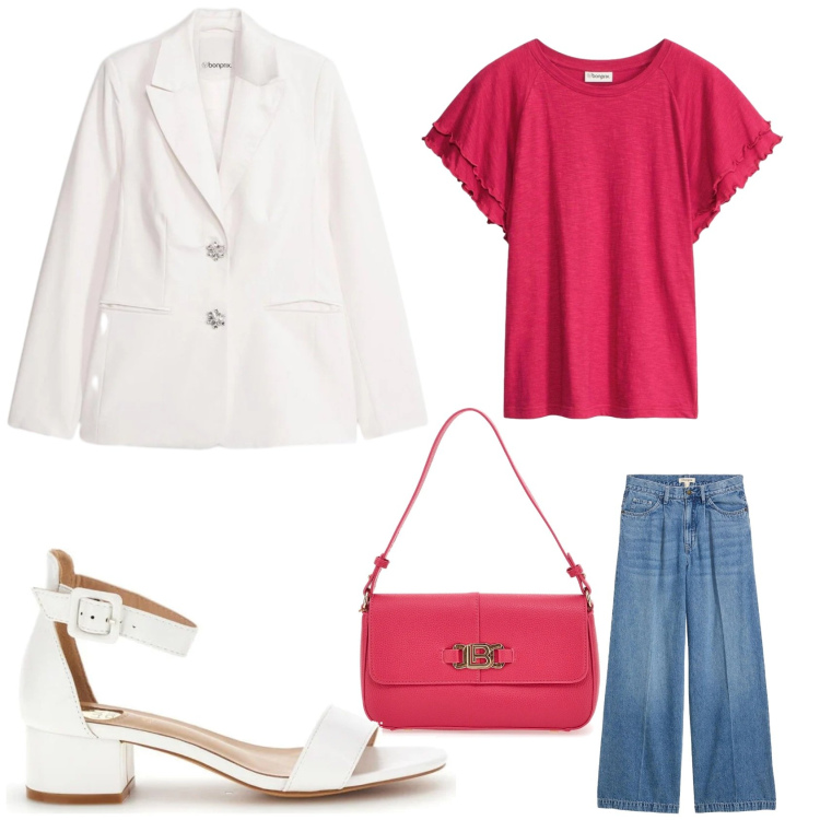 Outfit donna - Voglia di colore. Stile Bon Ton per Serata fuori. Abbinamento con jeans, t-shirt, blazer, borse a spalla, sandali col tacco.