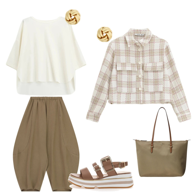 Outfit donna - Beigiolino. Stile Casual chic per Tutti i giorni. Abbinamento con cappotti, pantaloni, bluse, borse tote, orecchini, sandali.