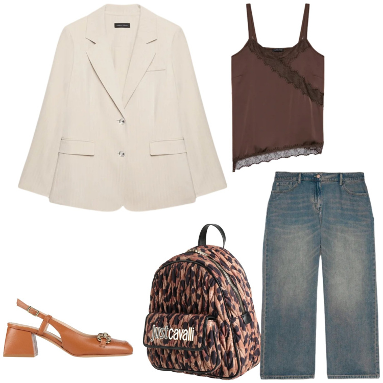 Outfit donna - Un tocco animalier. Stile Urban per Tutti i giorni. Abbinamento con décolleté, zaini, blazer, jeans, top.