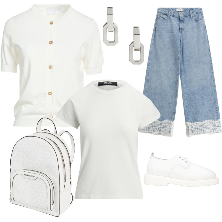 Outfit donna - Light as Cloud. Stile Casual chic per Tutti i giorni. Abbinamento con scarpe stringate, cardigans, zaini, jeans, orecchini, t-shirt.