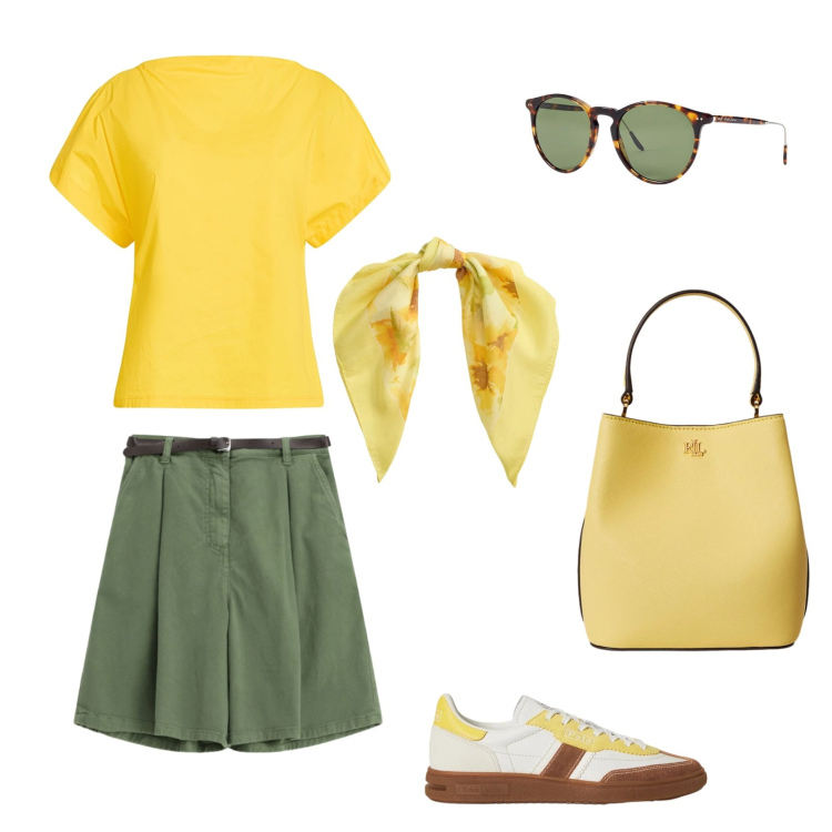 Outfit donna - Pasquetta a Firenze. Stile Casual chic per Tutti i giorni. Abbinamento con top, shorts, occhiali da sole, borse a secchiello, sneakers, foulard.