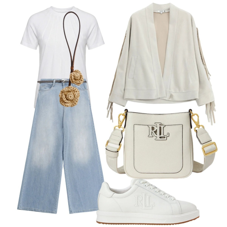 Outfit donna - Comodamente elegantemente. Stile Casual chic per Tutti i giorni. Abbinamento con jeans, blazer, t-shirt, sneakers, borse a tracolla, ciondoli.