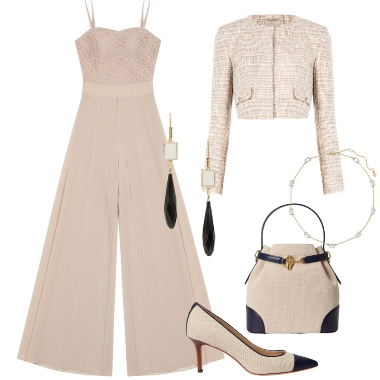 Outfit donna - Total look #2377236. Stile Chic per Cerimonia. Abbinamento con tute, blazer, borse a secchiello, orecchini, décolleté, collane.