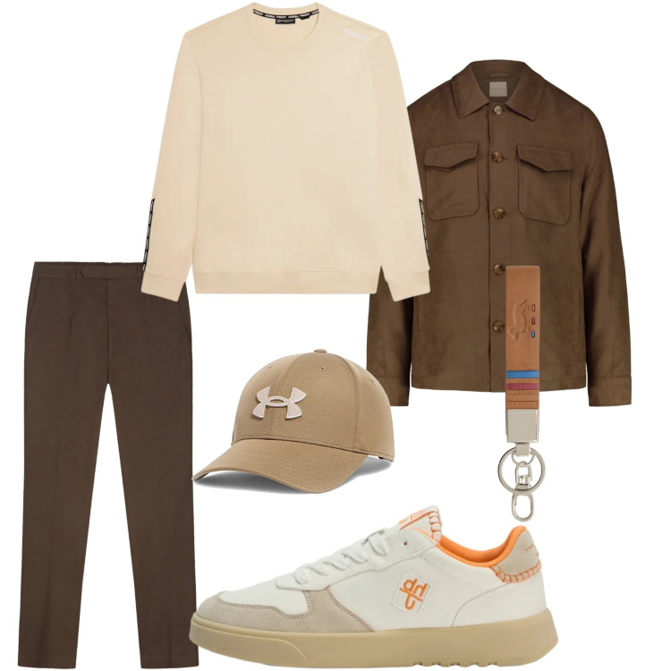 Outfit uomo - #maglia e copricapo beige. Stile Casual per Tutti i giorni. Abbinamento con sneakers, portachiavi, felpe, pantaloni, cappotti, cappelli con visiera.
