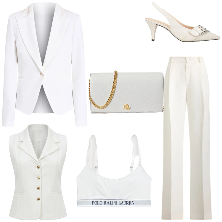 Outfit donna - Cerimonia in aprile. Stile Chic per Cerimonia. Abbinamento con décolleté, blazer, gilet, pantaloni, reggiseni, borse a tracolla.