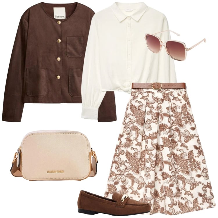Outfit donna - Passeggiata. Stile Bon Ton per Tutti i giorni. Abbinamento con blazer, borse a tracolla, mocassini, occhiali da sole, gonne lunghe, camicie.
