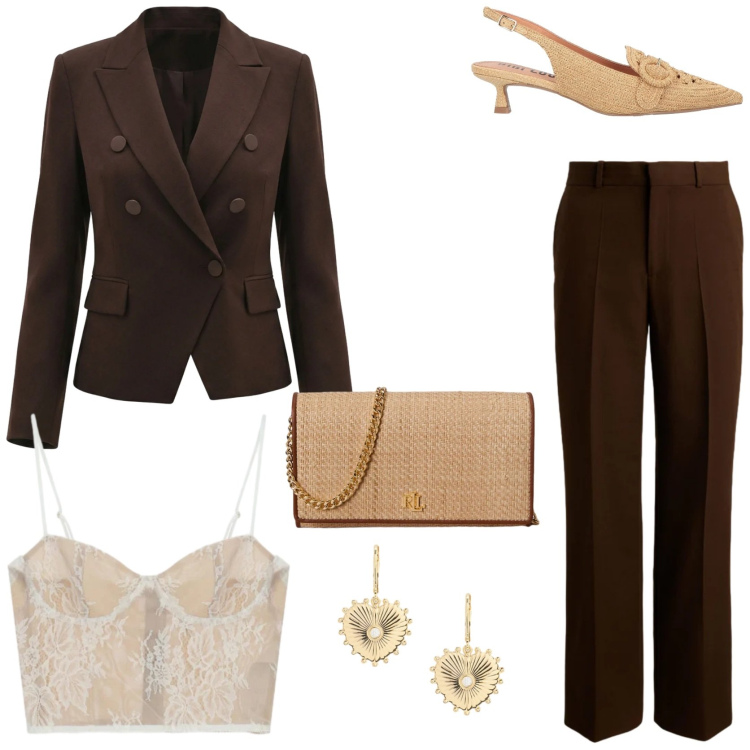 Outfit donna - Evento importante. Stile Chic per Cerimonia. Abbinamento con décolleté, canottiere, blazer, orecchini, pantaloni, borse a tracolla.