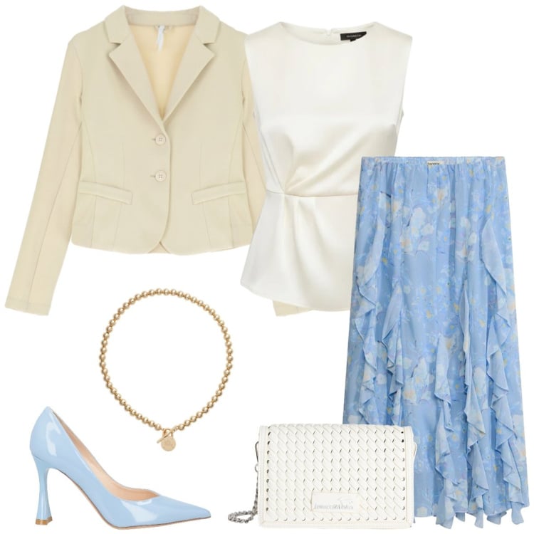Outfit donna - Rouches. Stile Romantica per Tutti i giorni. Abbinamento con décolleté, gonne lunghe, borse a tracolla, blazer, bluse, collane.