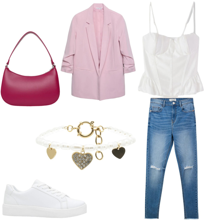 Outfit donna - Bon Ton. Stile Basic per Tutti i giorni. Abbinamento con sneakers, jeans strappati, blazer, borse a tracolla, top, braccialetti.