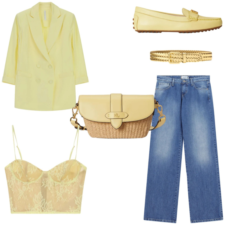 Outfit donna - Glamour. Stile Glamour per Tutti i giorni. Abbinamento con jeans dritti, blazer, canottiere, mocassini, cinture, borse a tracolla.