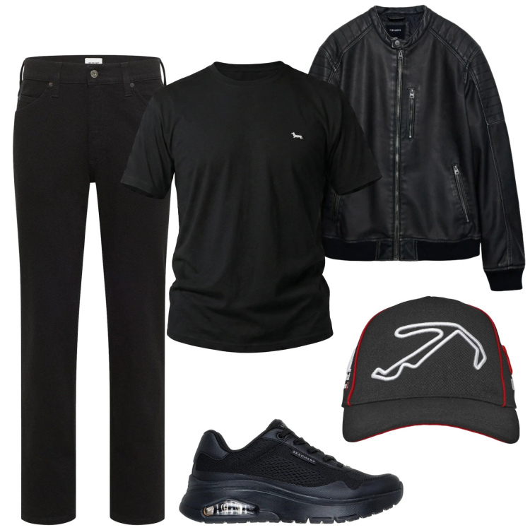 Outfit uomo - Total look #2377279. Stile Biker Rock per Serata speciale. Abbinamento con jeans dritti, t-shirt, cappelli con visiera, sneakers, giacche.