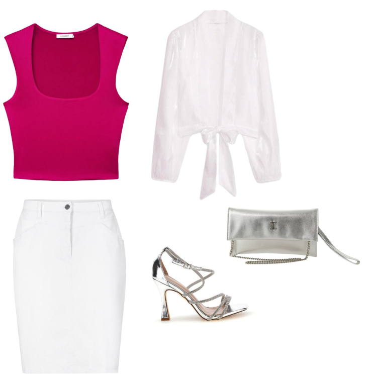 Outfit donna - Bocciolo. Stile Chic per Tutti i giorni. Abbinamento con gonne, bolero, top, borse a tracolla, sandali col tacco.