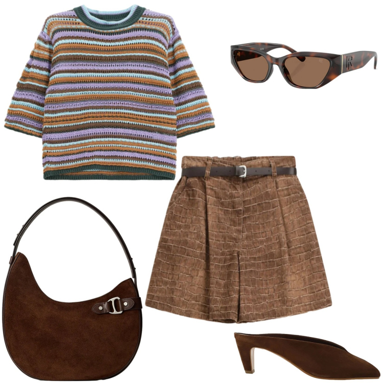 Outfit donna - Spring in sale. Stile Casual chic per Tutti i giorni. Abbinamento con bermuda, maglieria, sabot, borse a spalla, occhiali da sole.