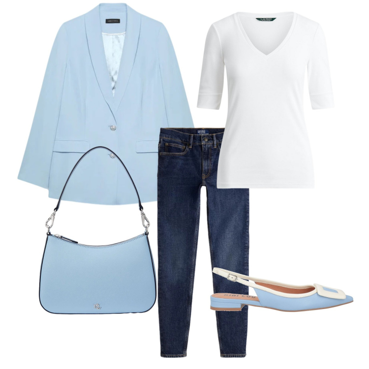 Outfit donna - È primavera in blazer azzurro. Stile Casual chic per Ufficio. Abbinamento con ballerine, blazer, t-shirt, borse a spalla, jeans slim fit.