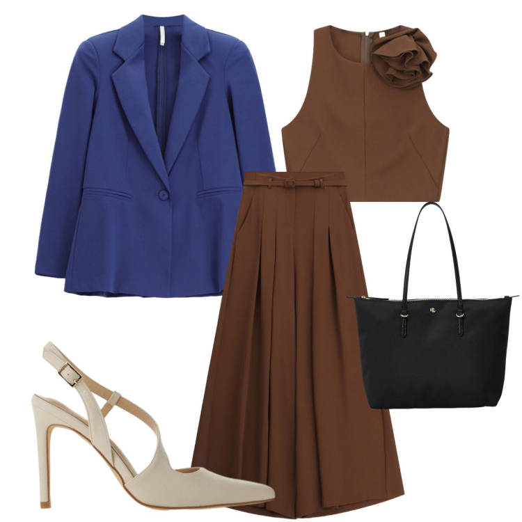 Outfit donna - Total look #2377285. Stile Chic per Cerimonia. Abbinamento con pantaloni a palazzo, top, décolleté, blazer, borse tote.