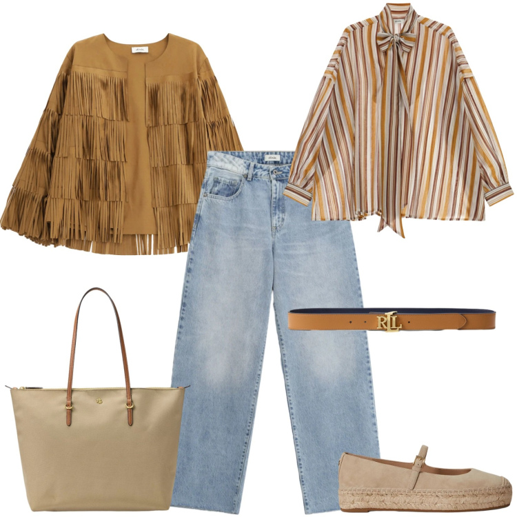 Outfit donna - Spring in sale. Stile Casual per Tutti i giorni. Abbinamento con giacche, jeans dritti, camicie, cinture, espadrillas, borse tote.
