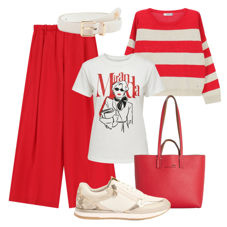 Outfit donna - Rosso “Miranda”. Stile Trendy per Tutti i giorni. Abbinamento con sneakers, pantaloni a palazzo, t-shirt, cinture, maglieria, shopping bag.