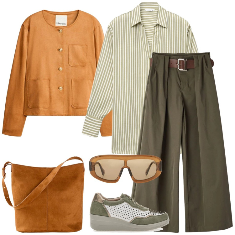 Outfit donna - Tempo libero. Stile Casual per Tutti i giorni. Abbinamento con borse a mano, blazer, pantaloni, camicie, occhiali da sole, scarpe stringate.